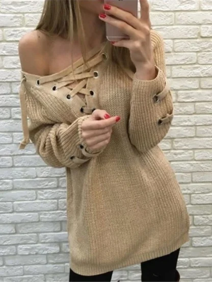 Lace-Up Off Shoulder Sweater Dress - Image 2