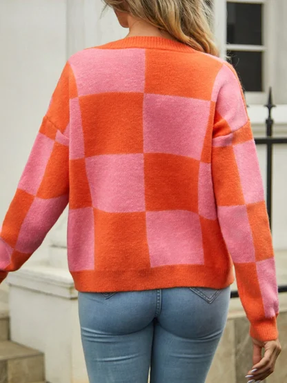 Plaid V-Neck Off Shoulder Sweater - Image 2