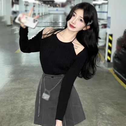 Knitted Solid Off Shoulder Sweater - Image 2