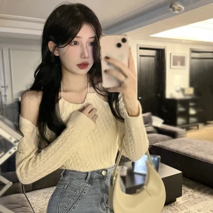 Knitted Solid Off Shoulder Sweater - Image 3