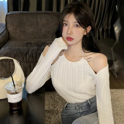 Knitted Solid Off Shoulder Sweater - Image 5