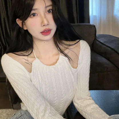 Knitted Solid Off Shoulder Sweater - Image 6