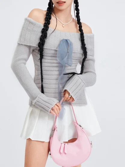 Off Shoulder Bow Knit Sweater - Image 4