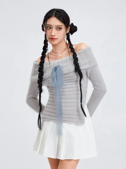 Off Shoulder Bow Knit Sweater - Image 2