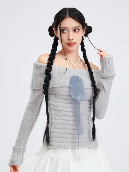 Off Shoulder Bow Knit Sweater - Image 3