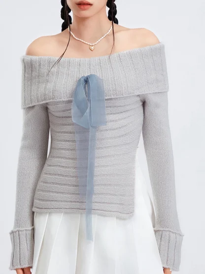 Off Shoulder Bow Knit Sweater - Image 5