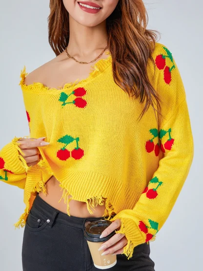 Ripped Tasseled Off Shoulder Sweater - Image 6
